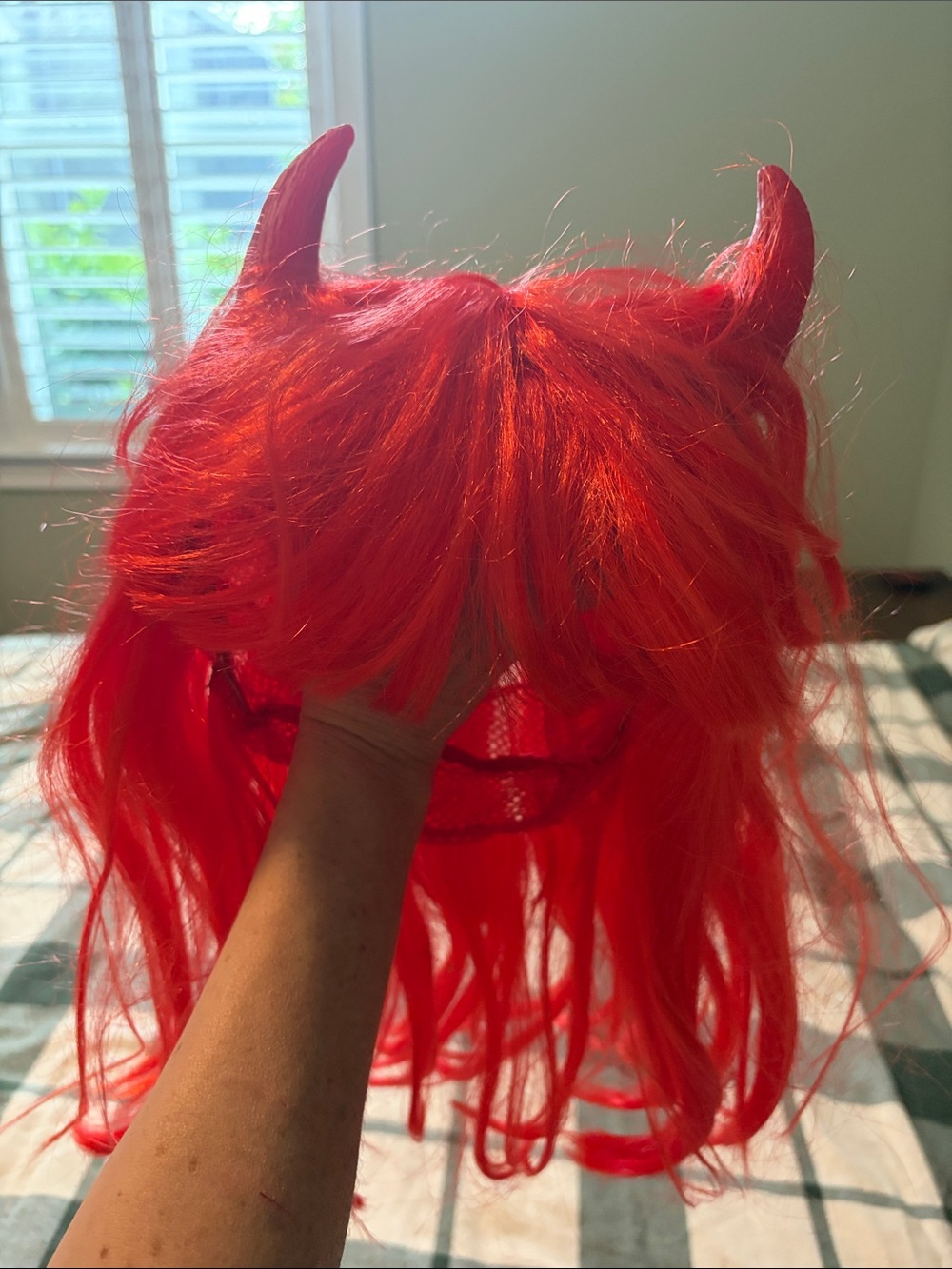 Red Devil Girl Wig with Horns Fiery Red Costume Wig
